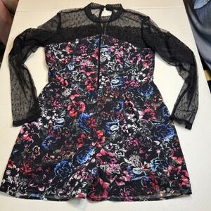 Adelyn Rae Black Floral Lace Yoke Long Sleeve Romper - Pink & Blue Floral